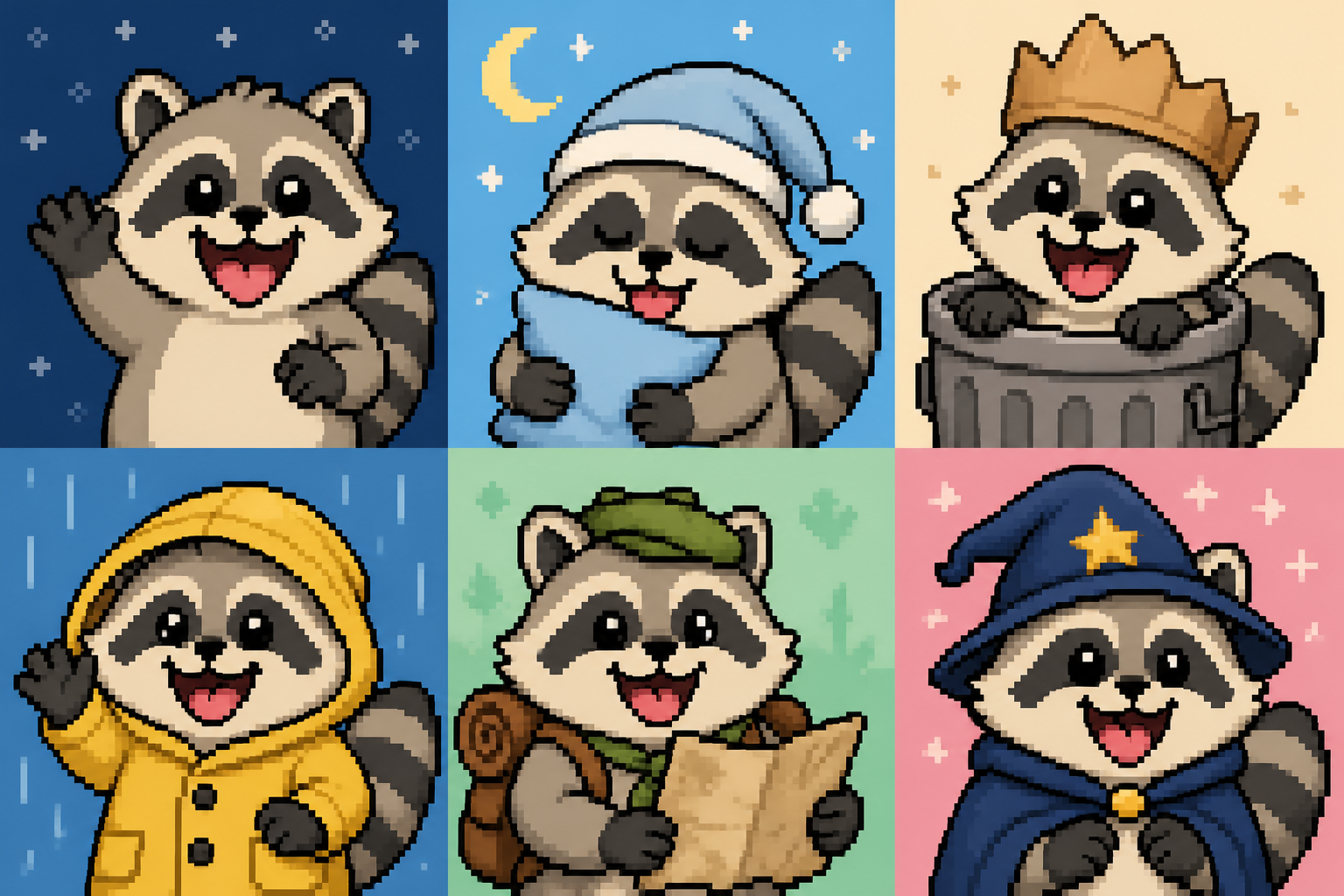 A preview sheet showing six Morrow pixel raccoon character concepts